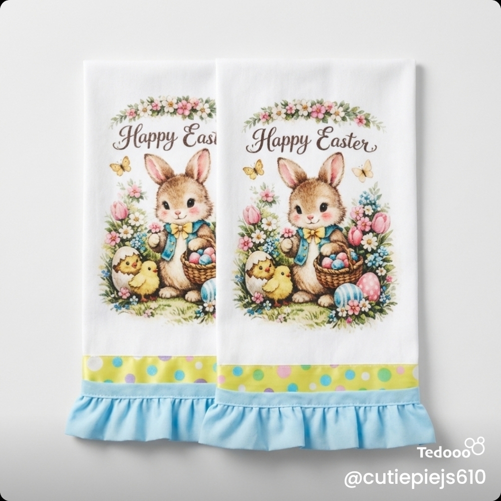 Happy Easter Bunny Kitchen Towels - Blue & Pastel Holiday Decor